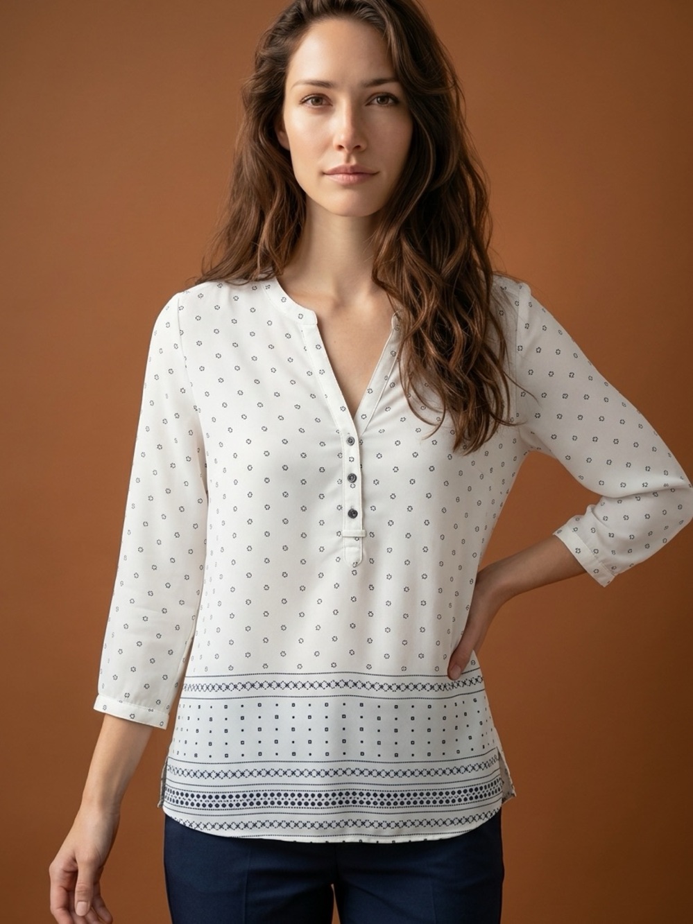 Maurices White Henley Blouse with Navy Dot and Border Trim